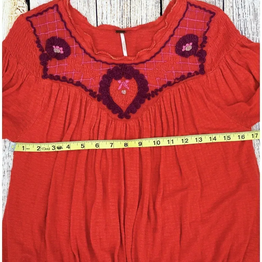 Free People Size Small Begonia Embroidered‎ Peasant Top Blouse Orange Bohemian